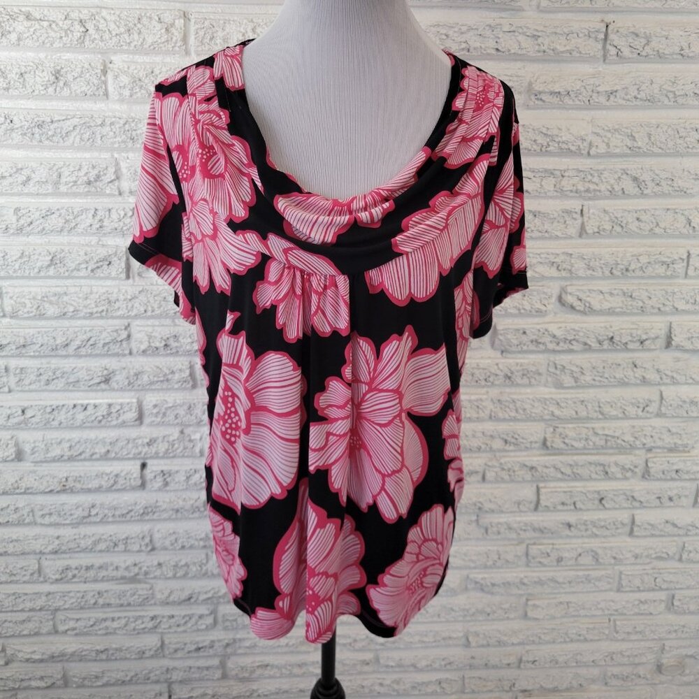 Rafaella Womens Top Extra Large XL Tee Pink Floral Draped Neck Poly Blend FLO89E